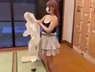 A Japanese couple enjoys a hot spring, then they do stocking costume and have sex