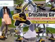 Big excavator is destroyed kicked, trampled, crushed, smashed, crushed, broken plastic car, crush