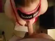 Blindfolded teen on her knees sucking with facial