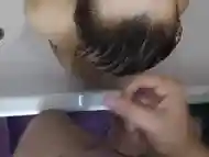 Blowjob in the bathroom, cums on wet and dirty hair, wet wife