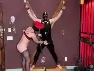 Bondage cross play with huge suspension orgasm