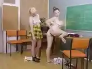 Busty lesbian teacher offers her hairy cunt and ass for fingering