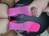 Cumshot on my wife big tits and pink heels