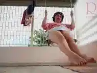 Cute housewife has fun without panties on the swing Slut swings and shows her perfect pussy 1