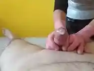 Double orgasm handjob inside a comdom and denied outside