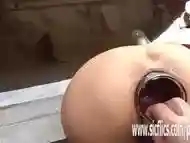 Fisting and fucking her ass with an XXL glass jar