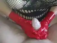 Handjob - Ruined fast 2 times in red latex gloves using tenga egg