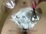 My husband caught me in the shower when I was shaving my pussy. With dirty talk. (English subtitles)