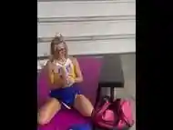 Naughty Blonde College Cheerleader plays with big DILDOS after practice and has multiple SQUIRTS