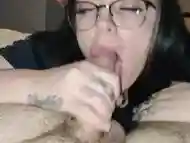 Nerdy babe swallows all the cum and licks balls