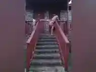 Outdoor stairs yoga in panties