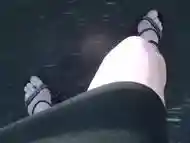 POV walking in platform stripper heels with blue toenail polish, toe rings and feet close ups