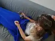 Pee and cum on hair while she is on sofa