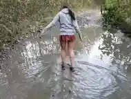 Piss and Puddle Sloshing in Bare Foot Sneakers