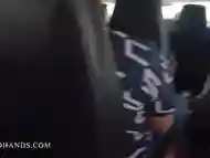 RISKY PUBLIC HANDJOB with cumshot at the back of the minibus