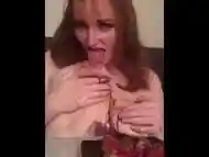 Red head MILF gluttony Eating Chocolate Strawberries and whipped cream off Huge Tits Food Play