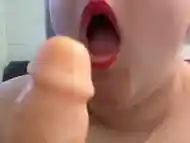 Red lipstick flesh dildo blowjob