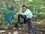 Shibari âRunning Girlâ pose in public forest, spanking & humiliating