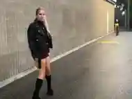 Teen pisses hard in short skirt outside