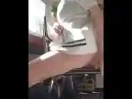 Teen rides dildo til orgasm on chair facing window