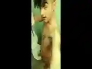 Twink piss through sounding tube at the college bathroom - cock sounding