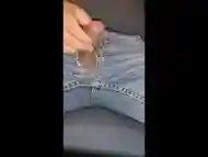 ripped jeans cock peeking out and drooling pre-cum, gets jerked off to a thick gooey cumshot