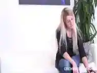 Blonde babe sucks dick and gets fucked on white couch