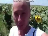 Lewd amateur couple strong orgasm in sunflowers field