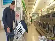 Superb sexy blonde babe with natural big tits doing blowjob in the washing store