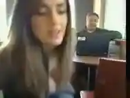 Busty lady flashes her breasts in the coffee shop