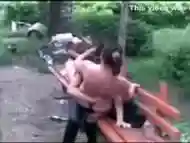 Russian hookers in underwear hook up on a public bench