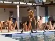 Six girls play by the pool