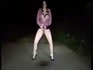 Hot milf in dress pissing and take piss in mouth and tits in public road