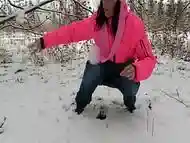 Hot piss on cold snow. Mature pussy peeing outside on a frosty winter day as pre-Christmas snow falls. Amateur dirty fetish in a public place.