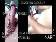 I jerk off in close-up in multiple angles, squirting lots of cum with shaking balls