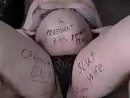 Pregnant cheating wife gets a lot of dirty body writings before her no-condom gangbang! - Milky Mari