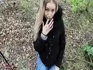 Teen student fucked on public outdoor in mouth and pussy and cum on her jacket!