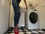 Wetting extremely Jeans and Red classic High Heels and play with Pee