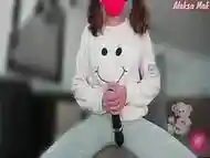 horny girl in pajamas riding toy like cowgirl and cum