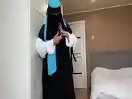 Arab wife in hijab found a sex toy while cleaning and got horny