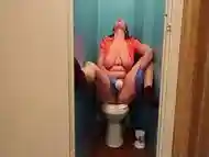 Busty chubby milf masturbates in the toilet with a toilet brush and a huge dildo Homemade fetish fun for shaved pussy