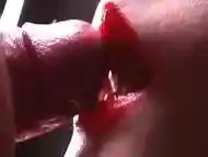 Close-up pussy fuck fetish. Cum on red lips in lipstick