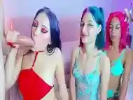 Colorful hair girls swallow cock whole!