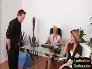 Dom office ladies pegging guy asshole with strapon in group