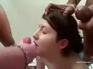 Filling Lady Tiffanys mouth with cocks at bukkake party