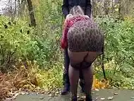 Gorgeous tight ass MILF in pantyhose wanks and sucks me outdoors