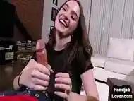 HJ POV slut jerks oiled cock after self pussyrubbing