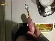 Handjob: jerking off over a little spoon