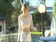 Hot blonde teen amateur Alyssa play with her big round boobs outdoors