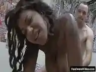 Huge busty black girl gets some hard white cock